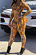 Orange Women Deep V Neck Sexy Long Sleeve Bandage Multicolor Printing Tight Pants Sets ATE65006