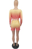 Neon Green Casual Positioning Gradient Letter Printing Batwing Sleeve Off Shoulder Shorts Two-Piece HXY8060-1