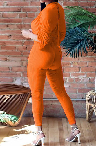 Orange Women Ribber Sexy Drawsting Ruffle Pure Color Bodycon Jumpsuits ATE65007-1