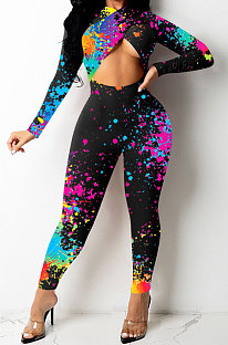 Black Women Trendy Personality Starry Sky Multicolor Splash-Ink Printing Sexy Tight Crop Bodycon Jumpsuits PY0834-2