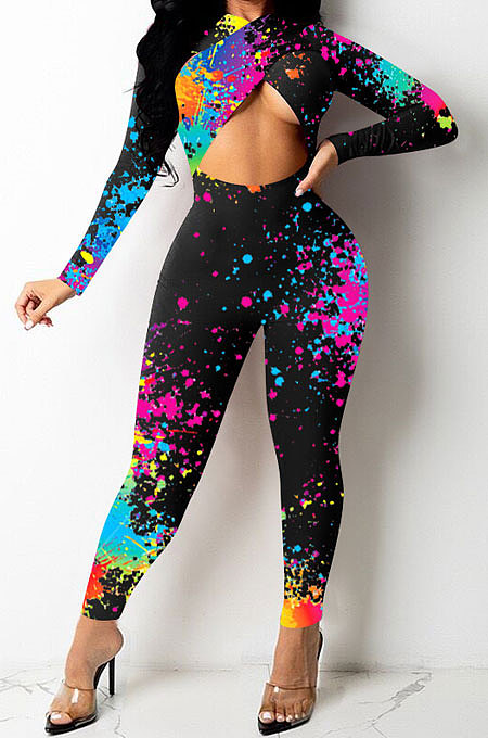 Black Women Trendy Personality Starry Sky Multicolor Splash-Ink Printing Sexy Tight Crop Bodycon Jumpsuits PY0834-2