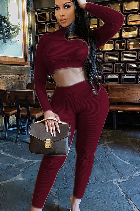 Black Women Soft Ribber Sexy Pure Color Tight Dew Waist Pants Sets BLE2171-1