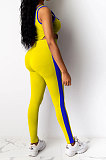 Yellow Women Sleeveless Bodysuit Zipper Tank Pants Sets QQM4300-1