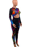 Black Women Trendy Personality Starry Sky Multicolor Splash-Ink Printing Sexy Tight Crop Bodycon Jumpsuits PY0834-2
