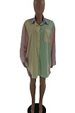 Pink Blue Autumn Winter Women Printing Color Block Long Sleeve Shirts BLE2511