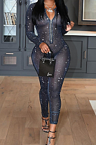 Black New Mesh See-Through High Elastic Print Long Sleeve Zipper Bodycon Jumpsuits LMM8274