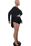 Black New Wholesal Long Sleeve Round Collar Crop Batwing Top Shorts Casual Sets HXY8066-2