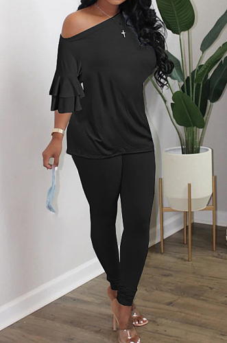 Blue Summer New Flare Half Sleeve Loose Top Bodycon Pants Solid Color Casual Sets HXY8056-3