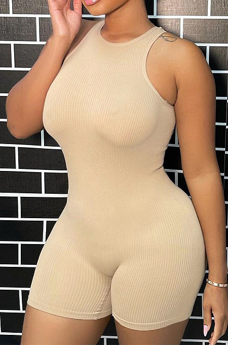 Cream White Fashion Ribber High Elastic  Sleeveless Round Neck Bodycon Tank Jumpsuits LMM8270-2