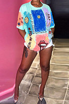 Light Blue Women Short Sleeve Round Neck Positioning Printing T Shirts QQM4302-1