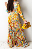 Yellow Chiffon Printing Long Sleeve Bandage Irregular Loose Pants Casual Two-Pieces  KZ2125-1