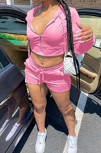 Pink Autumn And Winter Long Sleeve Hoodie Zippet Dew Waist Coat Shorts Sports Sets DN8628-3