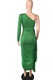Pink Autumn And Winter One Shoulder Long Sleeve Ruffle Laces Sexy Long Dress QY5082-1