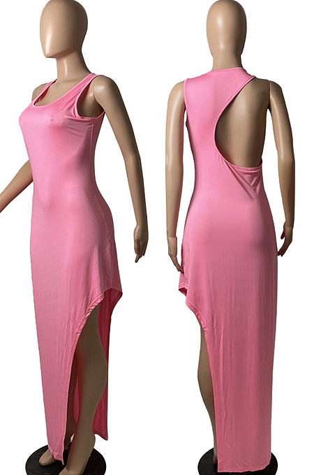 Red Fashion Women Sleeveless Round Collar Hollow Out Slim Fitting Slit Solid Color Tank Long Dress YFS10008-3