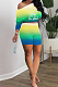 Neon Green Casual Positioning Gradient Letter Printing Batwing Sleeve Off Shoulder Shorts Two-Piece HXY8060-1