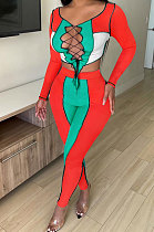 Red Green Euramerican Women Bandage Ribber Spliced Hollow Out Long Sleeve Long Pants Sets NK262-2