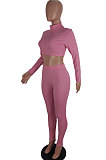 Wine Red Women Soft Ribber Sexy Pure Color Tight Dew Waist Pants Sets BLE2171-3