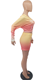 Neon Green Casual Positioning Gradient Letter Printing Batwing Sleeve Off Shoulder Shorts Two-Piece HXY8060-1