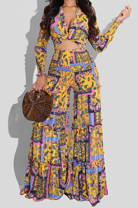 Light Blue Chiffon Printing Long Sleeve Bandage Irregular Loose Pants Casual Two-Pieces  KZ2125-3