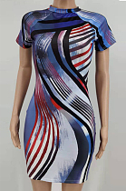 Blue Fashion Positioning Colorful Stripe Printing Short Sleeve Round Neck Tight Mini Dress HXY8063-2