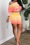 Neon Green Casual Positioning Gradient Letter Printing Batwing Sleeve Off Shoulder Shorts Two-Piece HXY8060-1