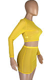 Pink Sexy Mesh See-Through Long Sleeve Round Neck Crop Top Hip Skirts Pure Color Two-Piece LMM8273-1