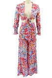 Light Blue Chiffon Printing Long Sleeve Bandage Irregular Loose Pants Casual Two-Pieces  KZ2125-3