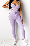 Yellow Women Sleeveless Bodysuit Zipper Tank Pants Sets QQM4300-1