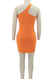Orange Women Solid Color Irregular Sexy Tight High Elastic Off Shoulder Mini Dress KZ2126-1