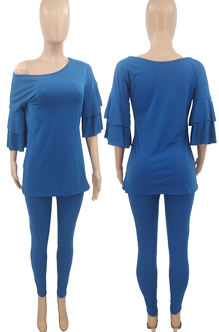 Black Summer New Flare Half Sleeve Loose Top Bodycon Pants Solid Color Casual Sets HXY8056-1