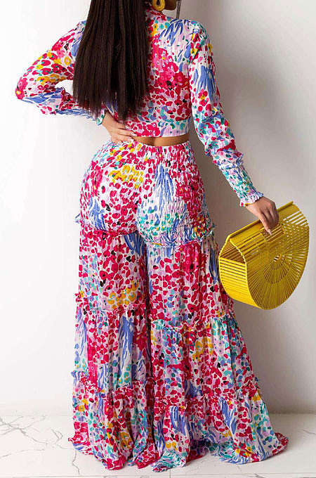 Yellow Chiffon Printing Long Sleeve Bandage Irregular Loose Pants Casual Two-Pieces  KZ2125-1
