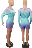 Neon Green Casual Positioning Gradient Letter Printing Batwing Sleeve Off Shoulder Shorts Two-Piece HXY8060-1