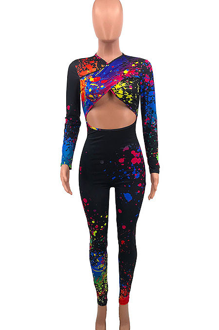 White Women Trendy Personality Starry Sky Multicolor Splash-Ink Printing Sexy Tight Crop Bodycon Jumpsuits PY0834-1