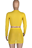 Purple Sexy Mesh See-Through Long Sleeve Round Neck Crop Top Hip Skirts Pure Color Two-Piece LMM8273-2