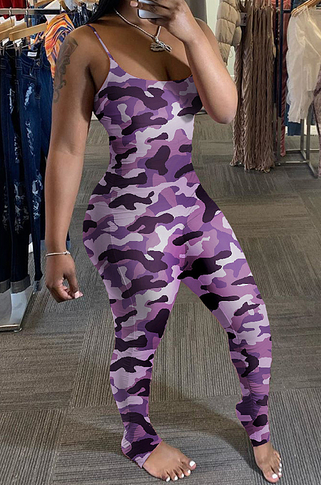 Purple Camouflage Summer Sexy Condole Belt Slim Fitting Ruffle Bodycon Jumpsuits MD308-5