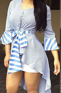 Blue Casual Stripe Printing Horn Sleeve V Neck Bandage Front Back Irregularity Shirts ORY5042