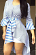 Blue Casual Stripe Printing Horn Sleeve V Neck Bandage Front Back Irregularity Shirts ORY5042