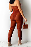Rose Red Strapless Sexy Pure Color Bandage Back Zipper Perspectivity Ruffle Bodycon Jumpsuits XZ5183-4