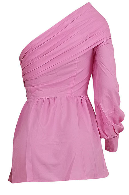 Pink Euramerican Women Solid Color Oblique Shoulder Single Sleeve T Shirt/Shirt Dress ED8387-1