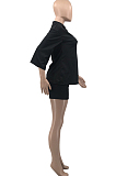 Yellow Autumn Women Nine Points Sleeve Tailored Collar Top High Waist Shorts Solid Sets QSS8025-2