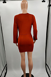 Brown Fashion Ruffle Long Sleeve Low Collar Slim Fitting Solid Color Mini Dress LJJ6073