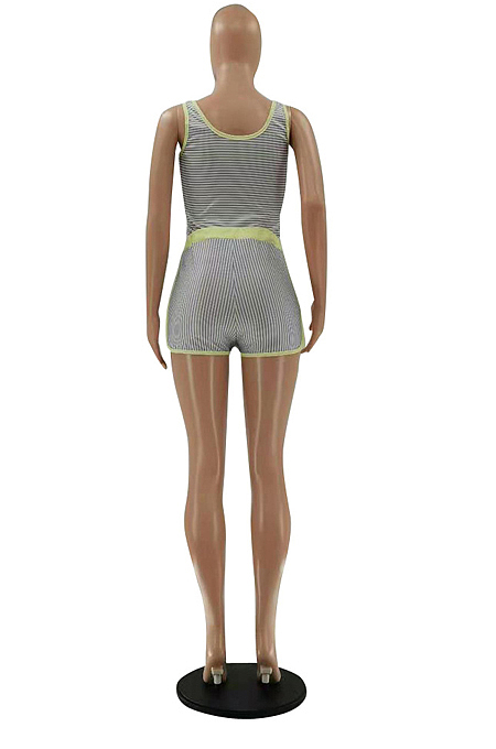 Gray Cute Fashion Stripe Condole Belt Tank Shorts Casual Sets LSZ9070-1