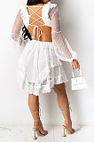 White Mesh Spaghetti Lace Sexy V Neck Dew Waits Back Bandage Long Sleeve Mini Dress YF9187-1