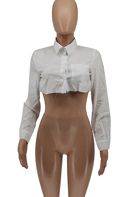 White Fashion Pure Color Long Sleeve Short Cardigan Sexy Crop Shirts WSY5897