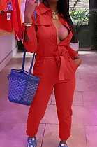 Red Casual Pure Color  Long Sleeve Lapel Collar Zipper With Beltband Slim Fitting Overall Jumpsuit LML264-2