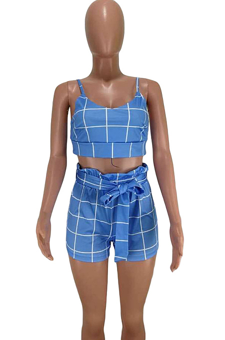 Blue Euramerican Plaid Printing Condole Belt Crop Strapless High Waist Shorts Two-Piece HHM6192-1