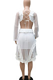 Black Mesh Spaghetti Lace Sexy V Neck Dew Waist Back Bandage Long Sleeve Mini Dress YF9187-2