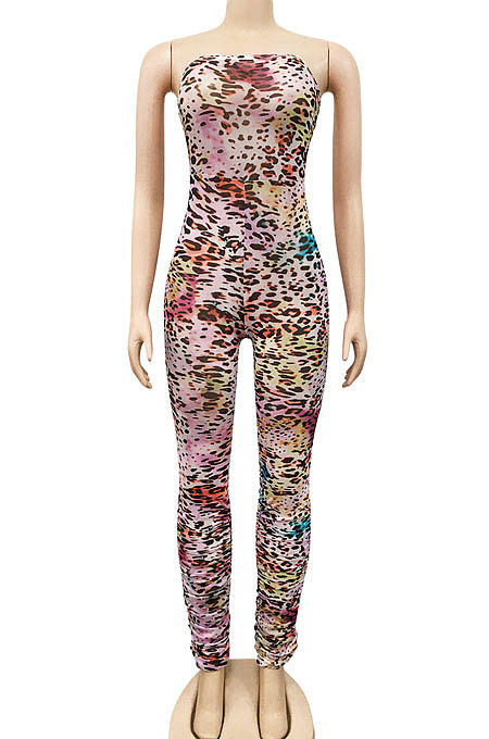 Multicolor Women Strapless Sexy Tight Perspectivity Mesh Spaghetti Printing A Word Shoulder Bodycon Jumpsuits NO Waistband XZ5185-2
