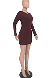 Wine Red Fashion High Elastic Pure Color Long Sleeve Round Colllar Collcet Waist Hip Mini Dress HY5237-1