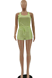 Gray Cute Fashion Stripe Condole Belt Tank Shorts Casual Sets LSZ9070-1